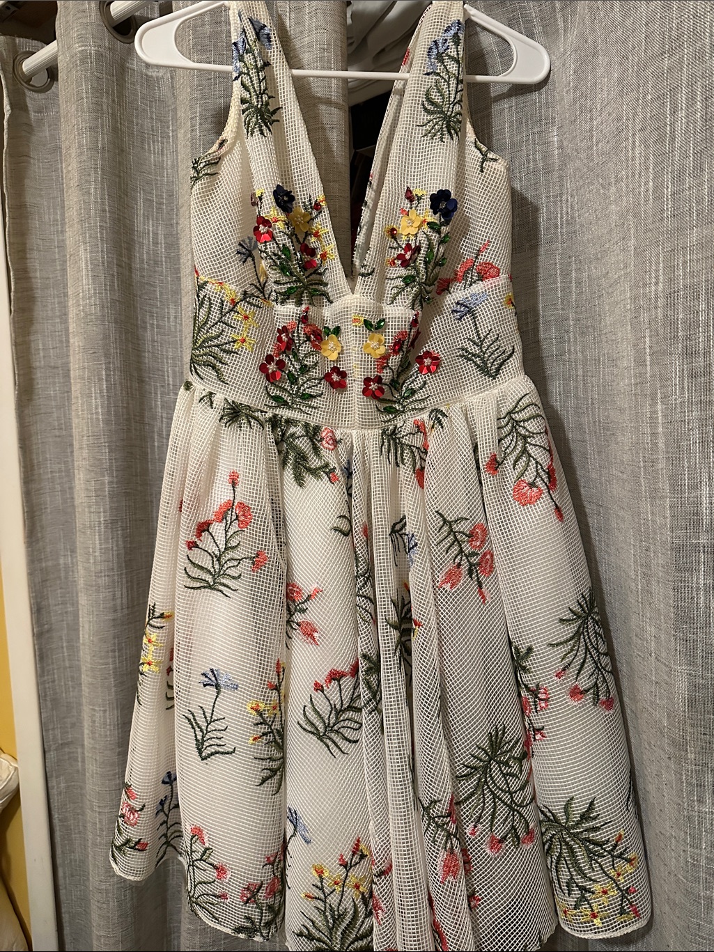 White Floral Embroidered Mesh V-Neck Dress